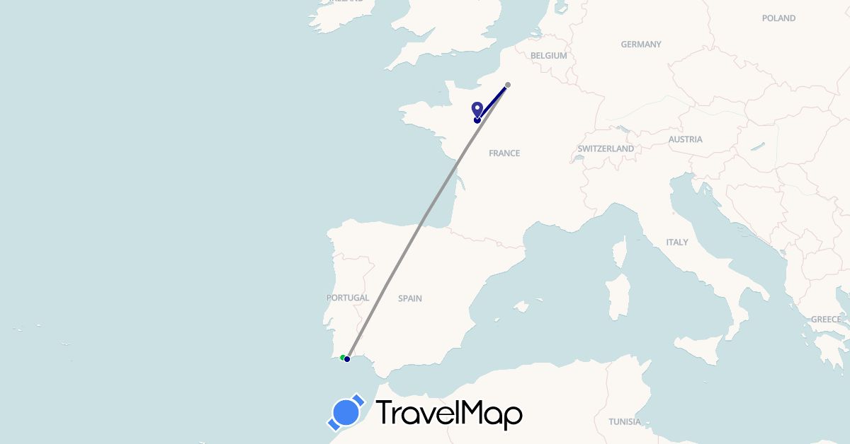 TravelMap itinerary: driving, bus, plane in France, Portugal (Europe)